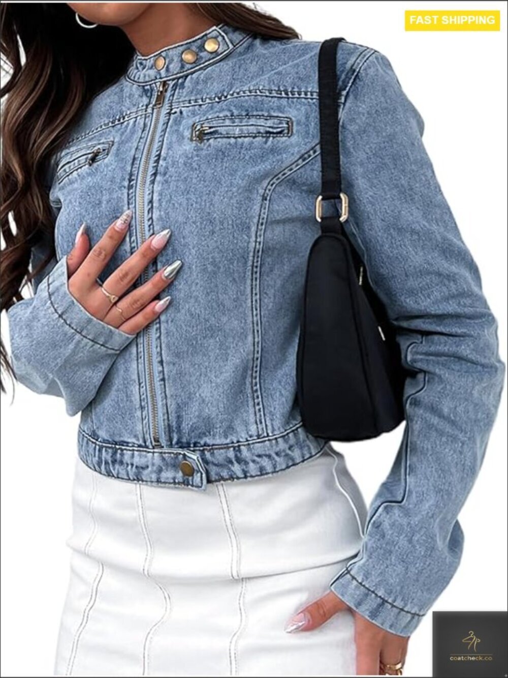 Stretchy Cropped Denim Jacket Zip Front Motorcycle Style Light Wash Y2K